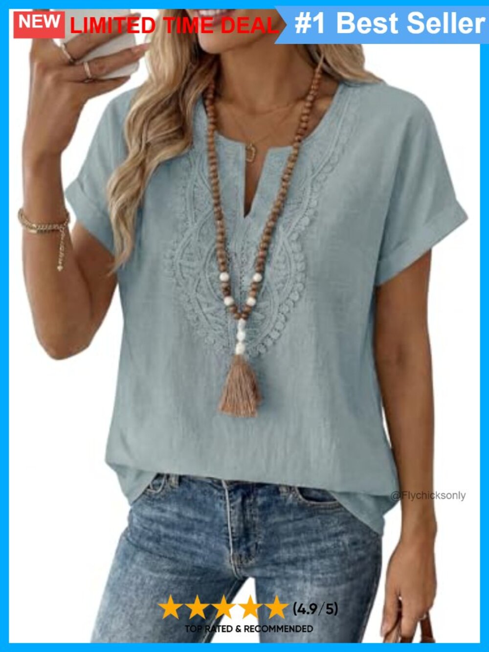 Womens Boho Crochet Lace V-Neck Short Sleeve Top Loose Fit Blouse